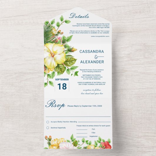 Hibiscus Tropische bruiloft All In One Uitnodiging (Binnen)