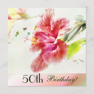 Hibiscus Waterverf 50th Birthday Party Invitation Kaart