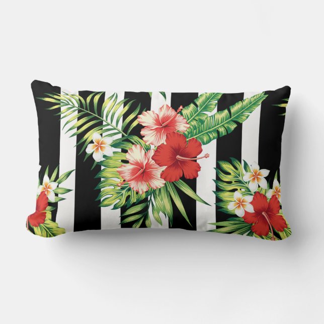 Hibiscus & zwart & wit strepen achtergrond kussen (Voorkant)