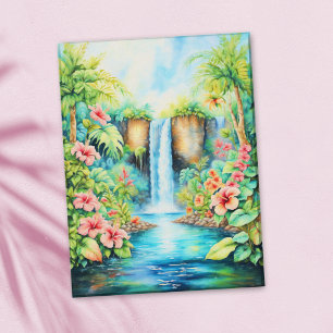 Hibiscuswaterval in tropische tuin olieverfschilde briefkaart