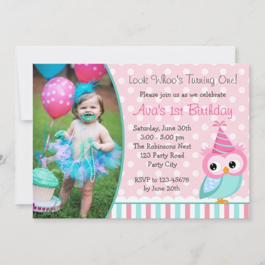 hibou 1er anniversaire Invitations avec photo Turq (Devant)