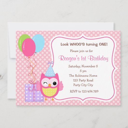 Hibou 1er anniversaire Invitations pour les filles (Devant)