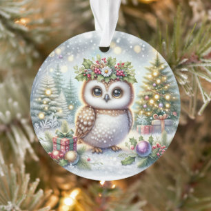 Hibou avec couronne de houx et arbres enneigés
