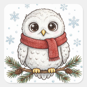 Hibou Blanc Écharpe Rouge Autocollant Hiver