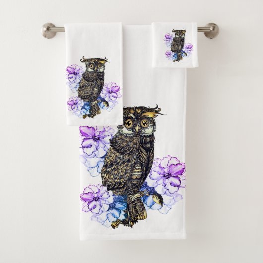 Hibou Brun Fleurs Violettes (En situation)