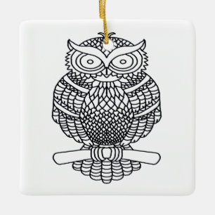 Hibou (carré blanc) - Ornement en céramique