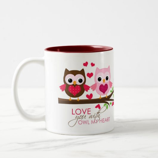 Hibou d'amour sur la tasse de branche (rose) - (Gauche)