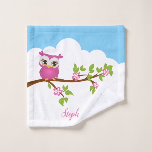 Hibou rose mignon sur une branche (Gant de toilette)