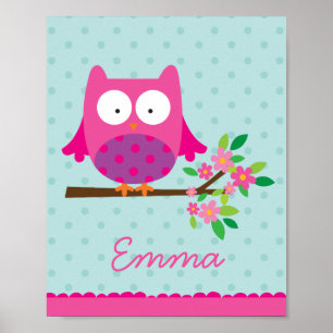 Hibou rose sur une branche Affiche de nurserie per