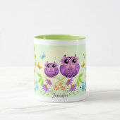 Hiboux mignons d'été, fleurs et tasse nommée faite (Centre)