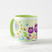 Hiboux mignons d'été, fleurs et tasse nommée faite (Devant gauche)