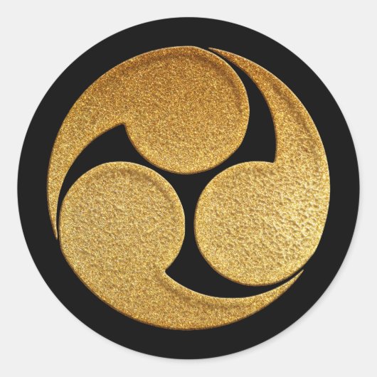 Hidari Mitsu Tomoe Kamon in Gold Ronde Sticker (Voorkant)