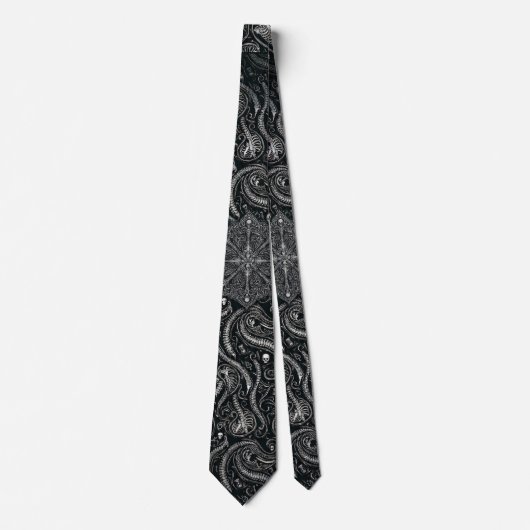 Hidden Skull & Spine Paisley | Silver Black Gothic Stropdas (Voorkant)