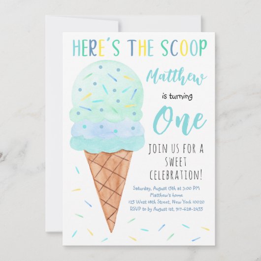 Hier is de Scoop Blue Boy Ice Cream Verjaardag Kaart (Voorkant)