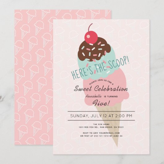 Hier is de Scoop Ice Cream Pink Girl Verjaardag Kaart (Voorkant / Achterkant)