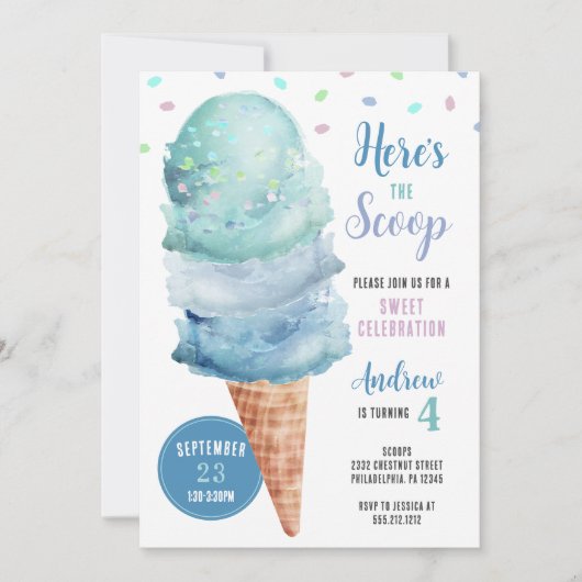 Hier is de Scoop Ice Cream Verjaardagsfeestje Uitn Kaart (Voorkant)