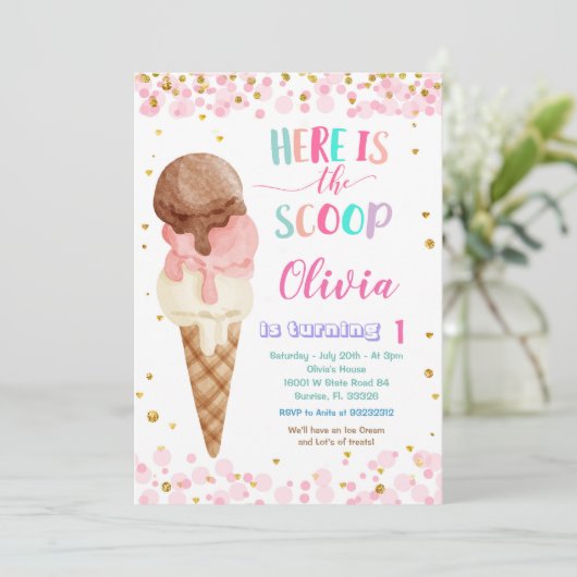Hier is de Scoops Cone Ice Cream Birthday Party Kaart (Staand voorkant)