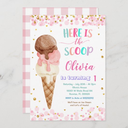 Hier is de Scoops Cone Ice Cream Birthday Party Kaart (Voorkant / Achterkant)