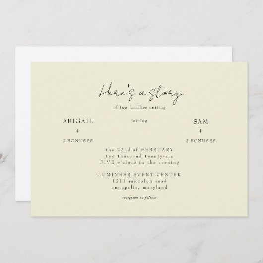 Hier is een Story Yellow bruiloft uitnodiging (Voorkant / Achterkant)