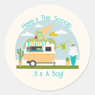 Hier is het Scoop Ice Cream Camper Boy Baby shower Ronde Sticker