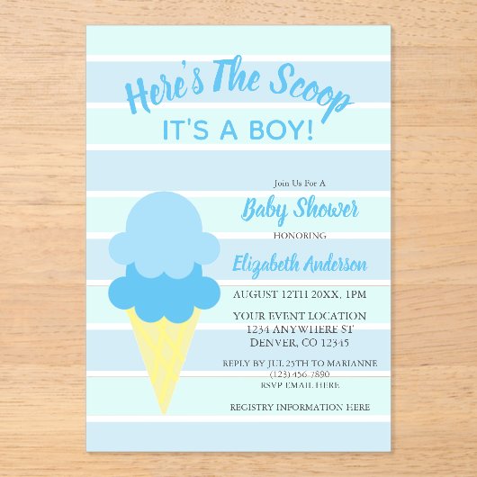 Hier is het Scoop Ice Cream Summer Baby shower Acryl Uitnodigingen (Voorkant)