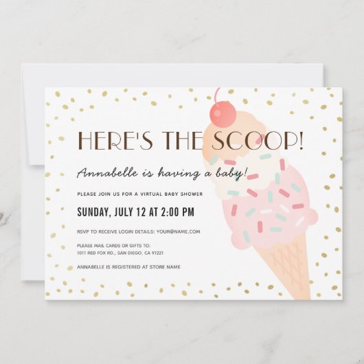 Hier is het Scoop Ice Cream Virtual Baby shower Kaart (Voorkant)