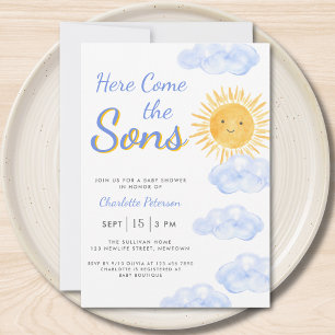 Hier komen de tweeling jongens baby shower kaart