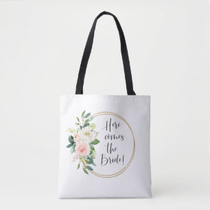 Hier komt de Bride Roze Floral Draagtas