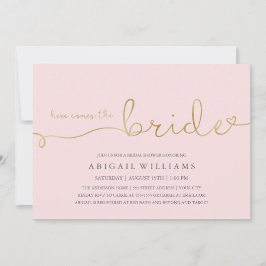 Hier komt de bruid dk -douche uitnodiging (Voorkant)