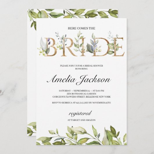 Hier komt de bruid groen bladeren en goud kaart (Voorkant / Achterkant)