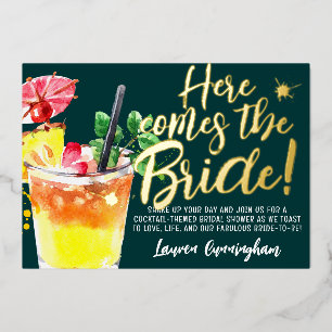 Hier komt de bruid leuk cocktail save the date folie uitnodiging
