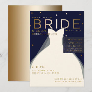 Hier komt de BRUID Navy Blue & Gouden Bruidsfeest Kaart
