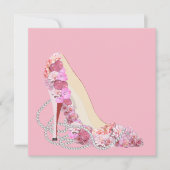 Hier komt de bruid roze bloemen en diamanten parti kaart (Voorkant)