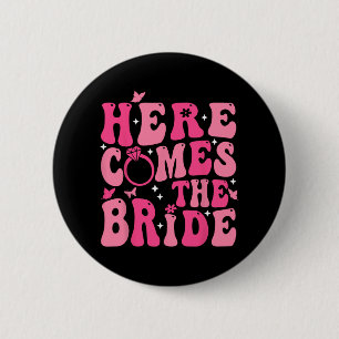 Hier komt de bruid Roze Groovy vrijgezellenfeest Ronde Button 5,7 Cm