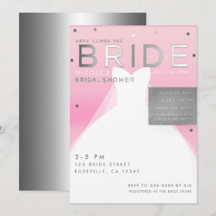 Hier komt de BRUID Zilver & Roze Chic Bruidsmeisje Kaart