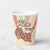 Hier komt de One Sunshine Retro Verjaardag Papieren Bekers (Voorkant)
