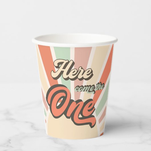 Hier komt de One Sunshine Retro Verjaardag Papieren Bekers (Voorkant)