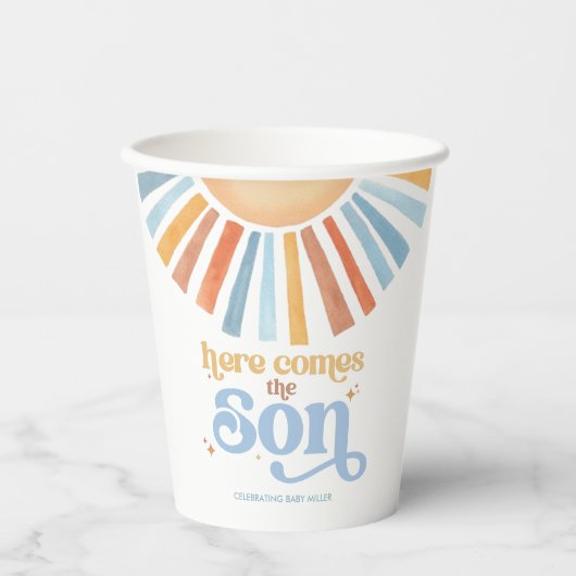 Hier komt de Son aangepaste tekst Boho Baby shower Papieren Bekers (Voorkant)