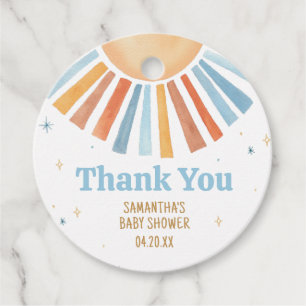 Hier komt de Son Baby shower ronde gunst Tags Bedankjes Labels