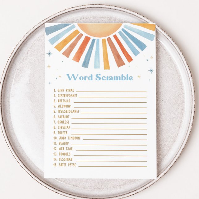 Hier komt de Son Baby shower Word Scramble Game (Boho Sunshine Baby Shower Word Scramble Game)