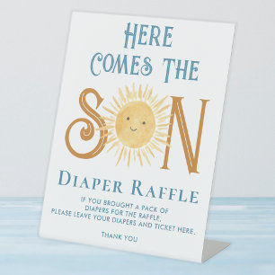 Hier komt de Son Luier Raffle Baby shower Reclamebord Met Voetstuk