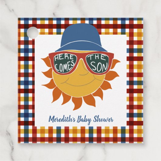 Hier komt de Son Plaid Baby Shower Bedankjes Labels (Voorkant)