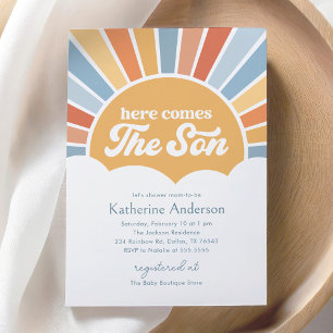 Hier komt de Son Retro Sunshine Boy Baby shower Kaart