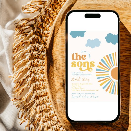 Hier komt de Sons Twin Boy Baby shower Uitnodigen Kaart