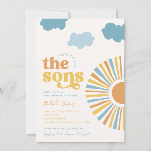 Hier komt de Sons Twin Boy Baby shower Uitnodigen Kaart (Voorkant)