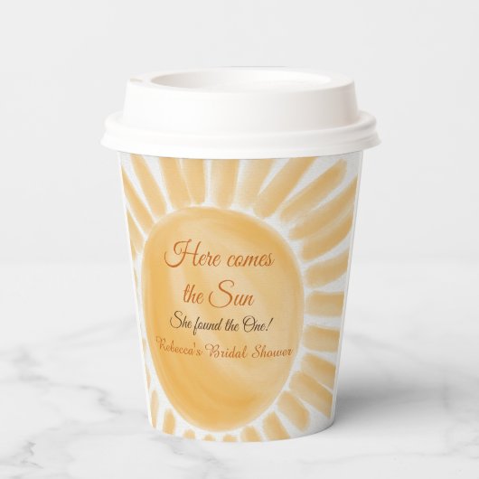 Hier Komt de Zon Ray Gele Bruiloftsborrel Papieren Bekers (Achterkant)