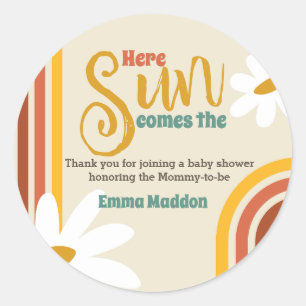 Hier komt de zon Retro Baby shower Invitation Ronde Sticker