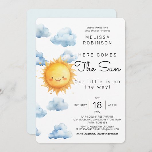 Hier komt de zon Waterverf Baby Boy Shower Kaart (Voorkant / Achterkant)