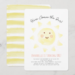 Hier komt de zongele Waterverf 1e verjaardag Kaart