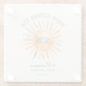 Hier komt de zoon baby jongen douche glazen onderzetter (Achterkant)